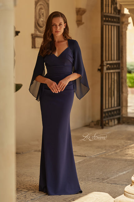Picture of: V-Neck Gown with Sheer Flutter Sleeves in Navy, Style: 33215, Main Picture