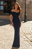Picture of: Off the Shoulder Ruched Rhinestone Evening Gown in Navy, Style: 33312, Main Picture