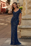 Picture of: Beaded Floral Gown with Sweetheart Neckline in Navy, Style: 33577, Main Picture