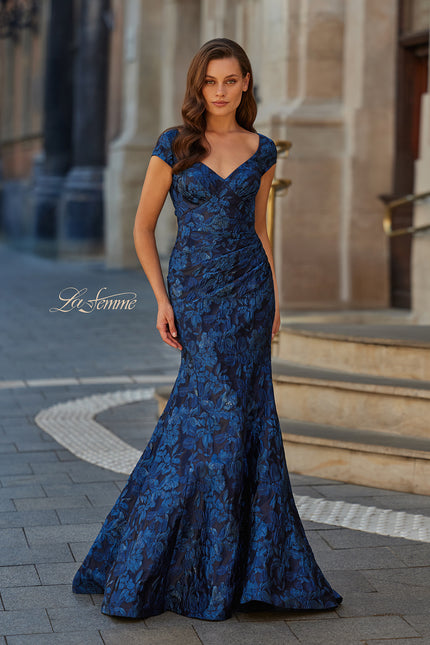 Picture of: Cap Sleeve Metallic Brocade Gown with V-Neckline in Navy, Style: 33578, Main Picture