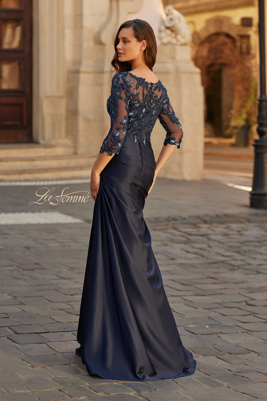 Picture of: Beaded Lace Satin Gown with Sheer Sleeves and Ruched Skirt in Navy, Style: 31802, Back Picture