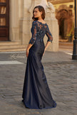 Picture of: Beaded Lace Satin Gown with Sheer Sleeves and Ruched Skirt in Navy, Style: 31802, Back Picture