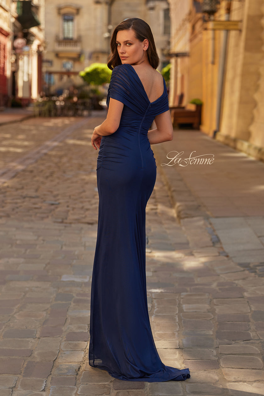 Picture of: Ruched Metallic Jersey Gown with Sheer Sleeves and V-Back in Navy, Style: 33139, Back Picture