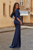 Picture of: V-Neck Satin Gown with Ruched Bodice and Three-Quarter Sleeves in Navy, Style: 33152, Back Picture