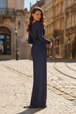 Picture of: Long Sleeve Rhinestone Gown with Pleated Waist in Navy, Style: 33310, Back Picture