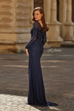 Picture of: Long Sleeve Square Neck Rhinestone Gown in Navy, Style: 33311, Back Picture