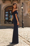 Picture of: Off the Shoulder Ruched Rhinestone Evening Gown in Navy, Style: 33312, Back Picture