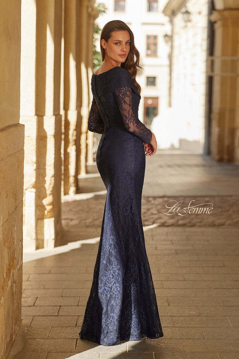 Picture of: Lace Long Sleeve V-Neck Evening Gown in Navy, Style: 33333, Back Picture