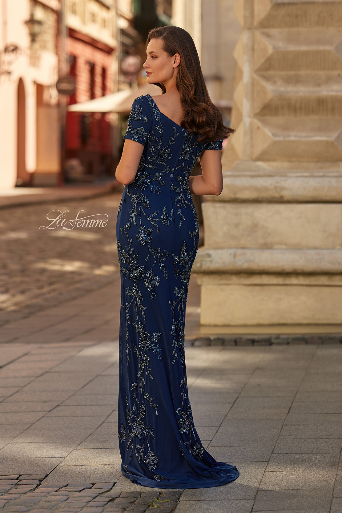 Picture of: Beaded Floral Gown with Sweetheart Neckline in Navy, Style: 33577, Back Picture