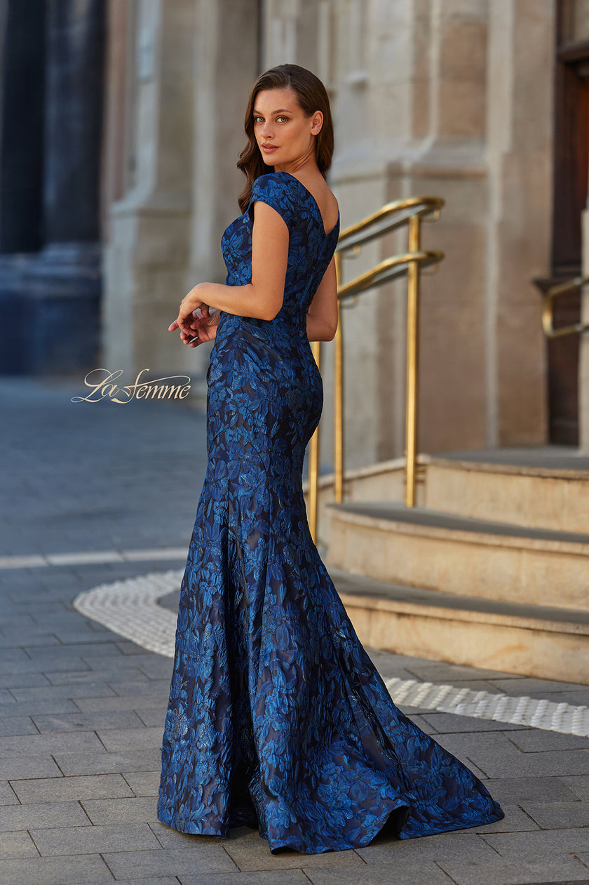 Picture of: Cap Sleeve Metallic Brocade Gown with V-Neckline in Navy, Style: 33578, Back Picture