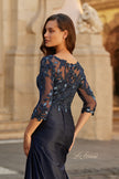 Picture of: Beaded Lace Satin Gown with Sheer Sleeves and Ruched Skirt in Navy, Style: 31802, Detail Picture 2