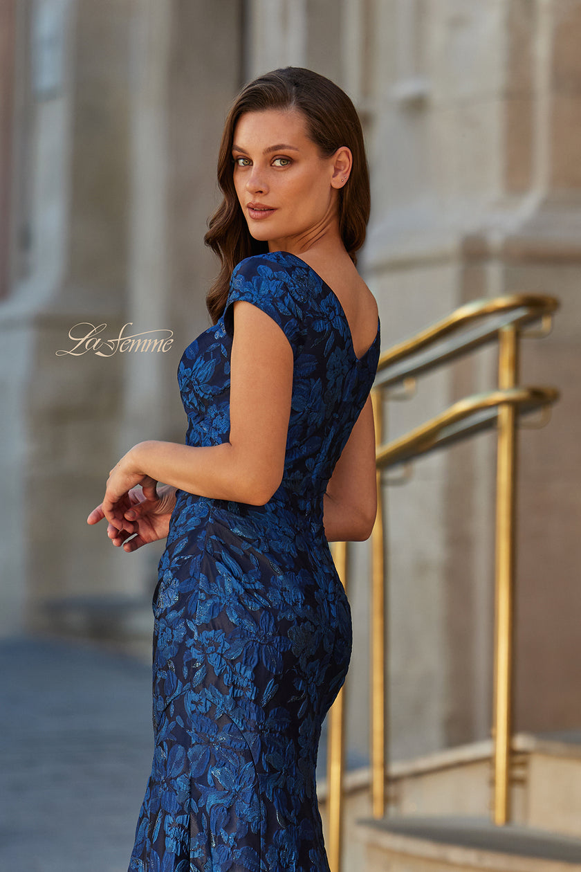Picture of: Cap Sleeve Metallic Brocade Gown with V-Neckline in Navy, Style: 33578, Detail Picture 2