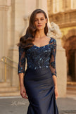 Picture of: Beaded Lace Satin Gown with Sheer Sleeves and Ruched Skirt in Navy, Style: 31802, Detail Picture 3