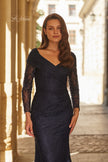 Picture of: Lace Long Sleeve V-Neck Evening Gown in Navy, Style: 33333, Detail Picture 5