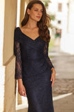 Picture of: Lace Long Sleeve V-Neck Evening Gown in Navy, Style: 33333, Detail Picture 7