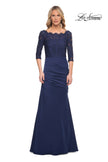 Picture of: Gathered Mermaid Satin Gown with Lace Top in Navy, Style: 24926, Main Picture