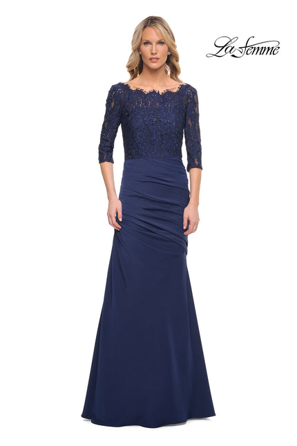 Picture of: Gathered Mermaid Satin Gown with Lace Top in Navy, Style: 24926, Main Picture