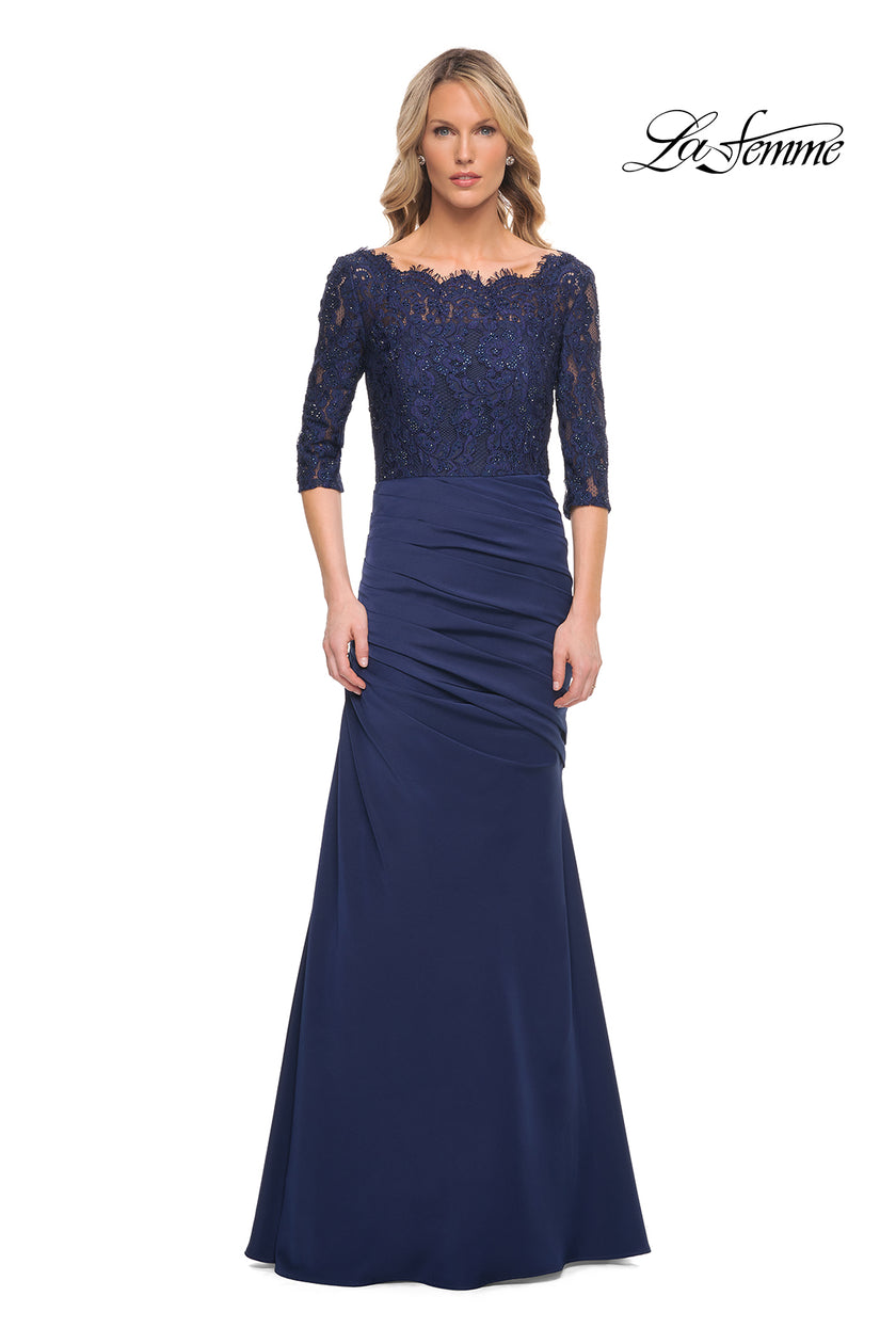 Picture of: Gathered Mermaid Satin Gown with Lace Top in Navy, Style: 24926, Main Picture