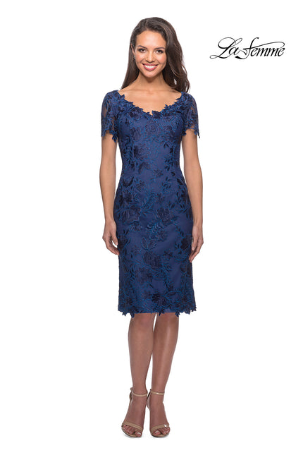 Picture of: Short Sleeve Knee Length Lace Dress with V-Neck in Navy, Style: 25522, Main Picture