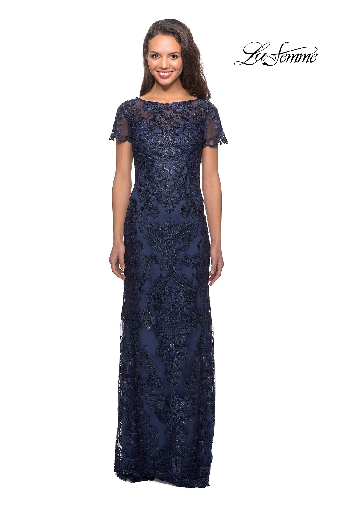 Picture of: Long Lace Dress with Rhinestones and Short Sleeves in Navy, Style: 26405, Main Picture