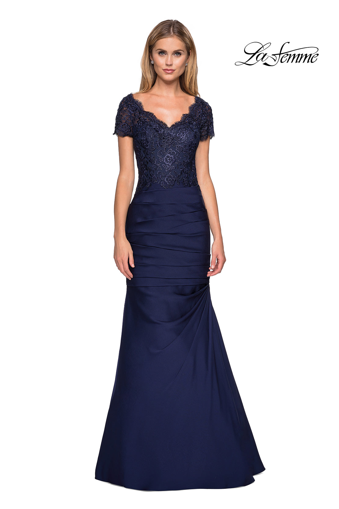 Picture of: Floor Length Satin Dress with Lace Rhinestoned Bodice in Navy, Style: 26979, Main Picture