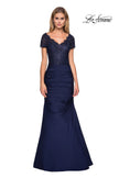 Picture of: Floor Length Satin Dress with Lace Rhinestoned Bodice in Navy, Style: 26979, Main Picture