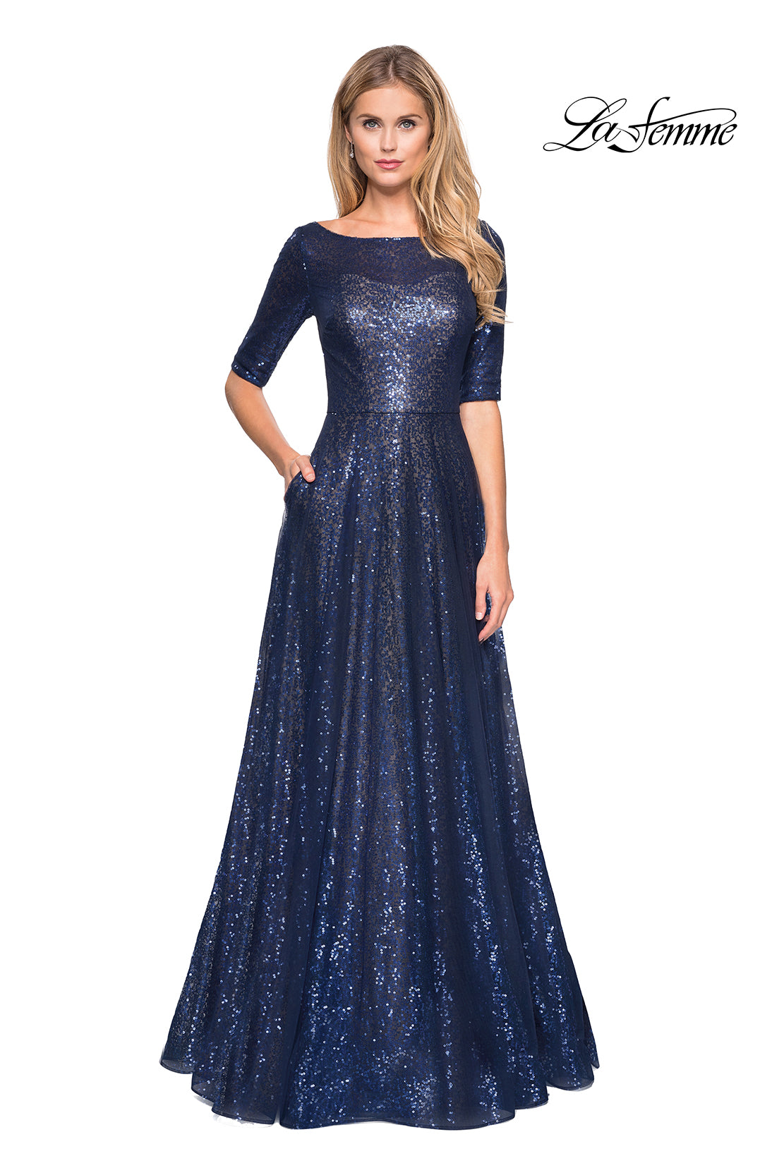 Picture of: Fully Sequined Floor Length Gown with Pockets in Navy, Style: 27016, Main Picture