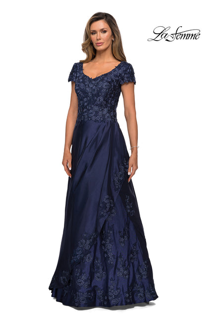 Picture of: V-neck Jersey Floor Length Gown with Short Sleeves in Navy, Style: 27033, Main Picture
