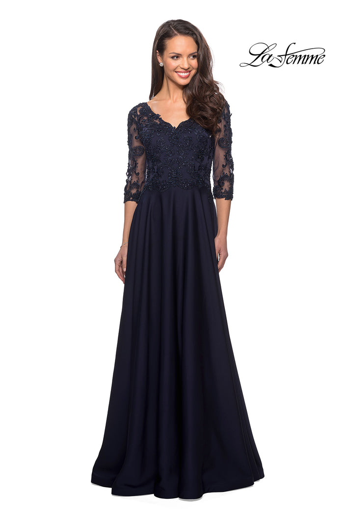 Picture of: Floor Length Satin Dress with Lace Detail and Pockets in Navy, Style: 27235, Main Picture