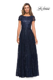 Picture of: Sequin Lace A-line Gown with Sheer Short Sleeves in Navy, Style: 27837, Main Picture
