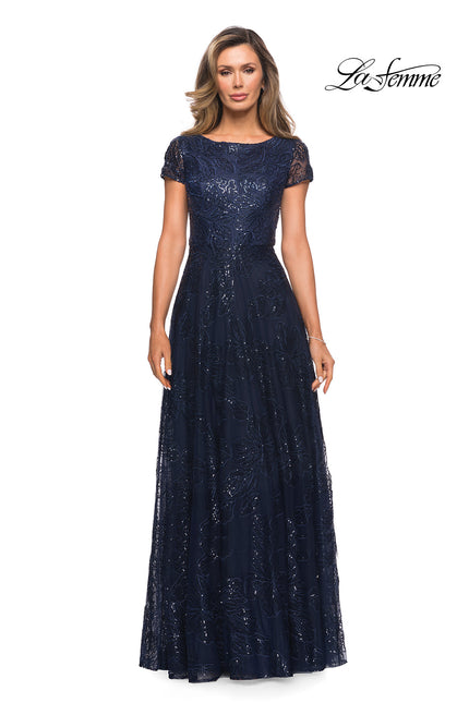 Picture of: Sequin Lace A-line Gown with Sheer Short Sleeves in Navy, Style: 27837, Main Picture