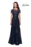 Picture of: Short Sleeve Long Sequin Dress with Sheer Neckline in Navy, Style: 27839, Main Picture