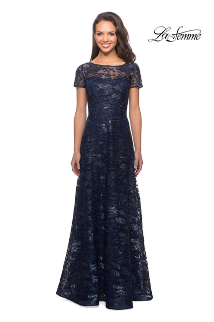 Picture of: Short Sleeve Long Sequin Dress with Sheer Neckline in Navy, Style: 27839, Main Picture