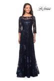 Picture of: Long Lace Dress with Sequins and Sheer 3/4 Sleeves in Navy, Style: 27885, Main Picture