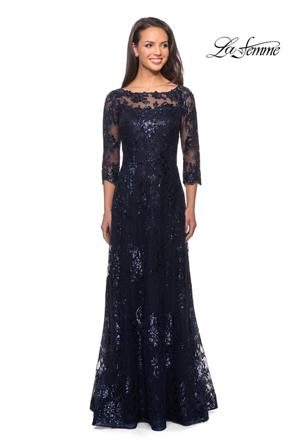 Picture of: Long Lace Dress with Sequins and Sheer 3/4 Sleeves in Navy, Style: 27885, Main Picture