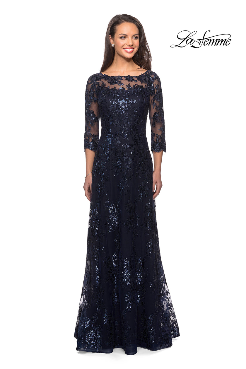 Picture of: Long Lace Dress with Sequins and Sheer 3/4 Sleeves in Navy, Style: 27885, Main Picture