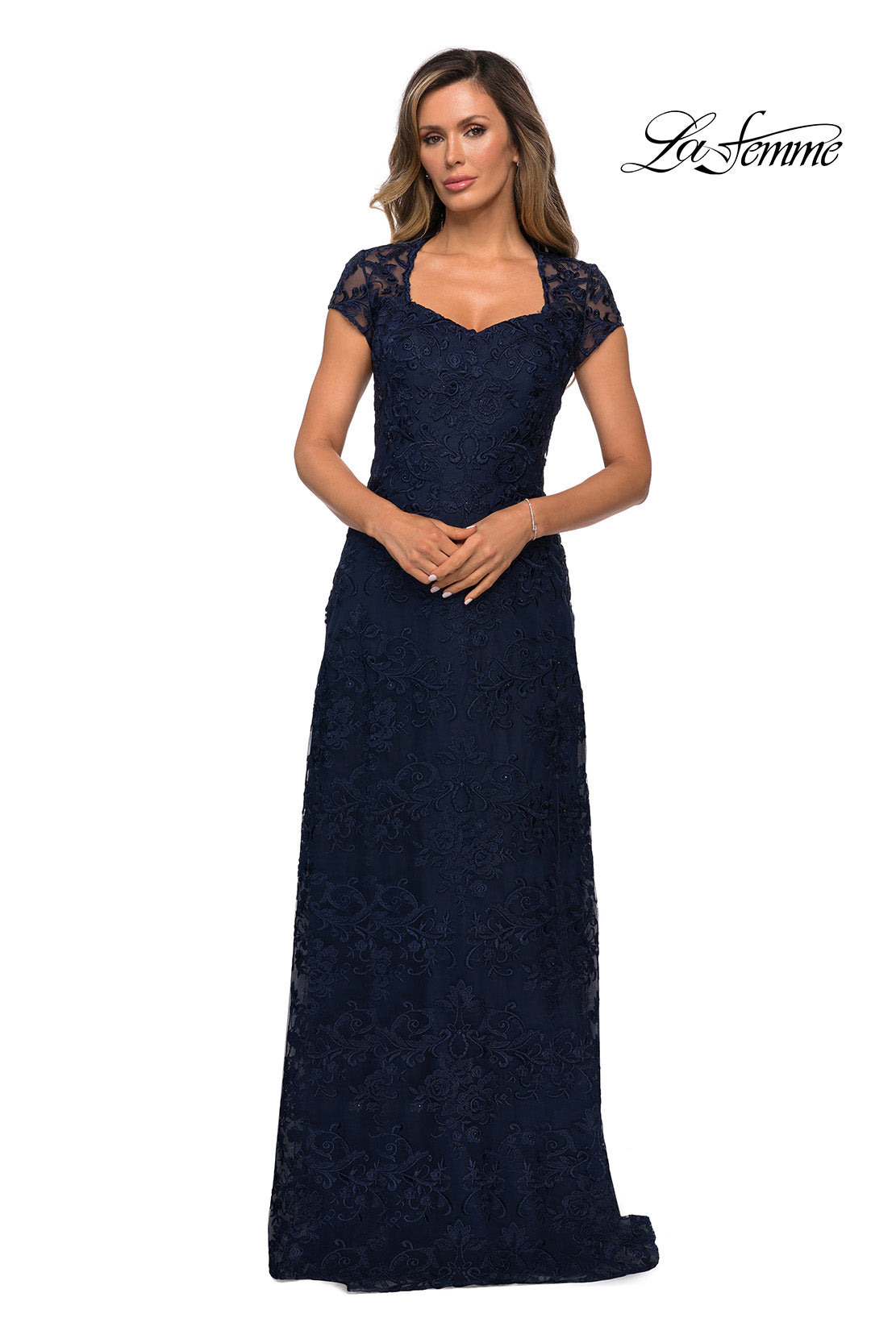 Picture of: Cap Sleeve Floral Gown with Sweetheart Neckline in Navy, Style: 27951, Main Picture