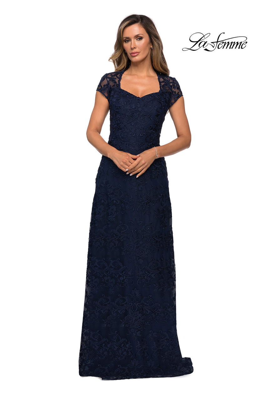 Picture of: Cap Sleeve Floral Gown with Sweetheart Neckline in Navy, Style: 27951, Main Picture