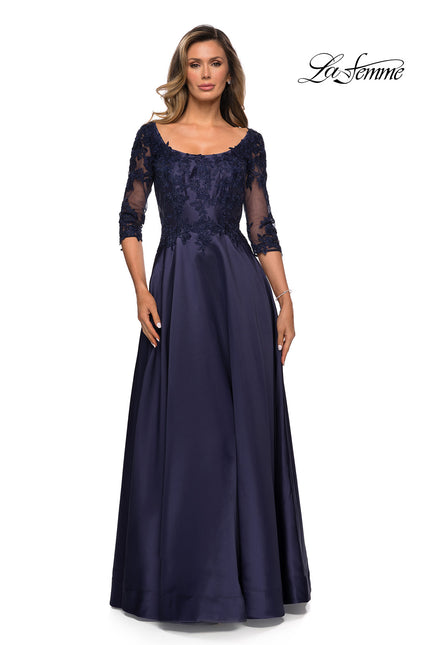 Picture of: Three Quarter Sleeve Gown with Lace Sheer Back in Navy, Style: 27988, Main Picture