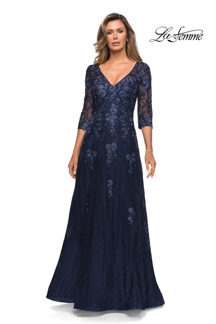 Picture of: Three Quarter Sleeve A-line Dress with Lace and Beads in Navy, Style: 28000, Main Picture