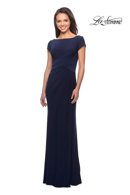 Picture of: Floor Length Jersey Evening Gown with Cap Sleeves in Navy, Style: 28026, Main Picture