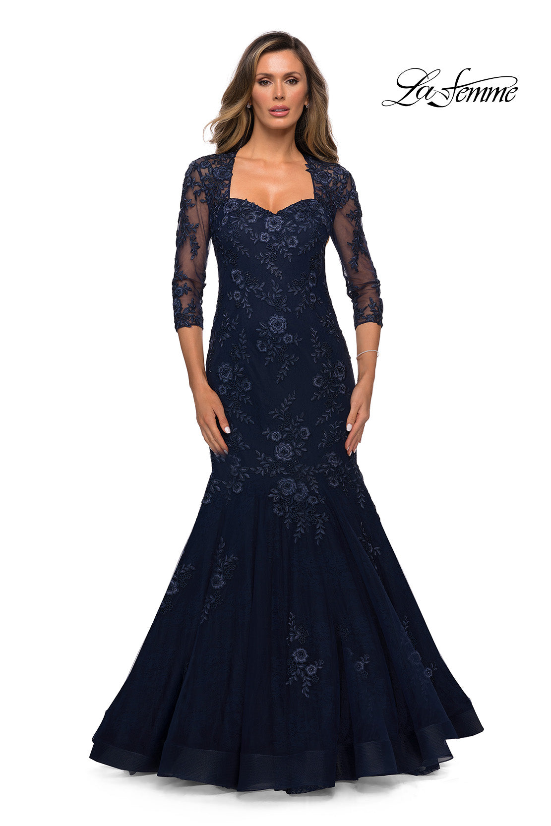 Picture of: Long Lace Mermaid Gown with Square Neckline in Navy, Style: 28033, Main Picture