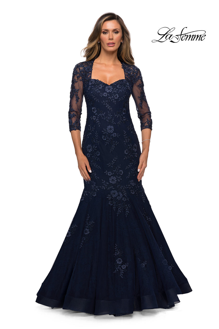 Picture of: Long Lace Mermaid Gown with Square Neckline in Navy, Style: 28033, Main Picture