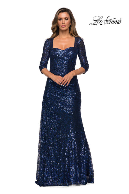 Picture of: Floor Length Sequin Gown wtih Ruching and Sleeves in Navy, Style: 28065, Main Picture