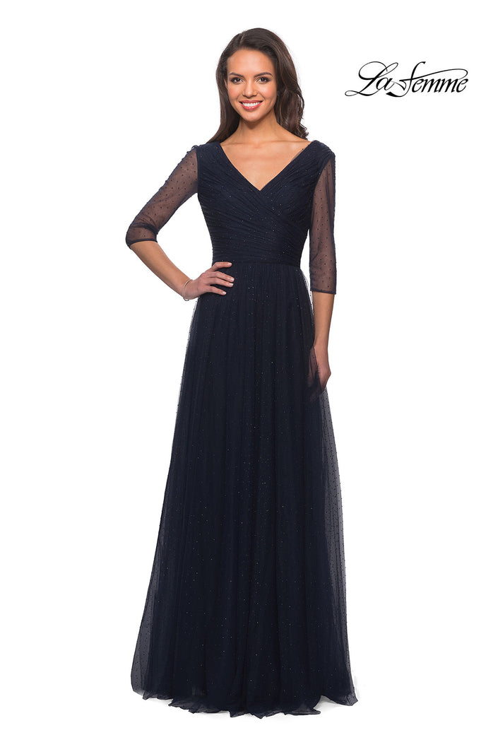 Picture of: Tulle and Beaded Long A-Line Gown with Sheer Sleeves in Navy, Main Picture