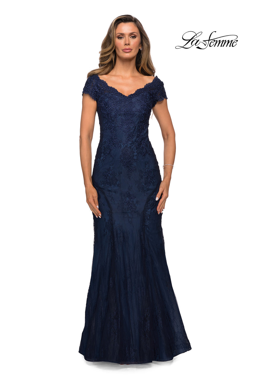 Picture of: Short Sleeve Lace Evening Dress with V Neckline in Navy, Style: 28099, Main Picture