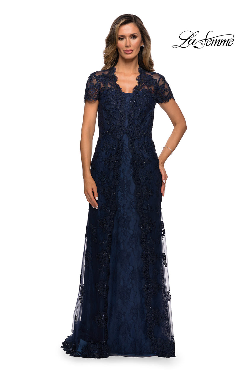 Picture of: Long Lace Evening Dress with Scallop Detailing and Rhinestones in Navy, Style: 28195, Main Picture