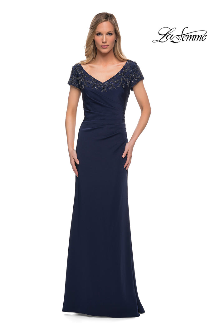 Picture of: Short Sleeve Evening Dress with Beaded Neckline in Navy, Main Picture