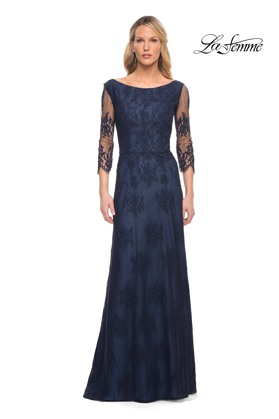 Picture of: Long Lace Gown with Illusion Sleeves in Navy, Style: 29219, Main Picture