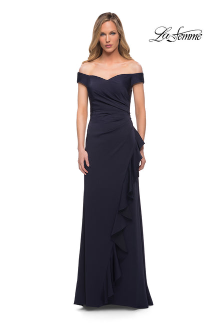 Picture of: Off the Shoulder Jersey Evening Gown with Ruffle Skirt Detail in Navy, Main Picture